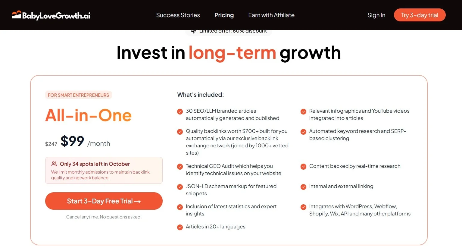 BabyLoveGrowth pricing card