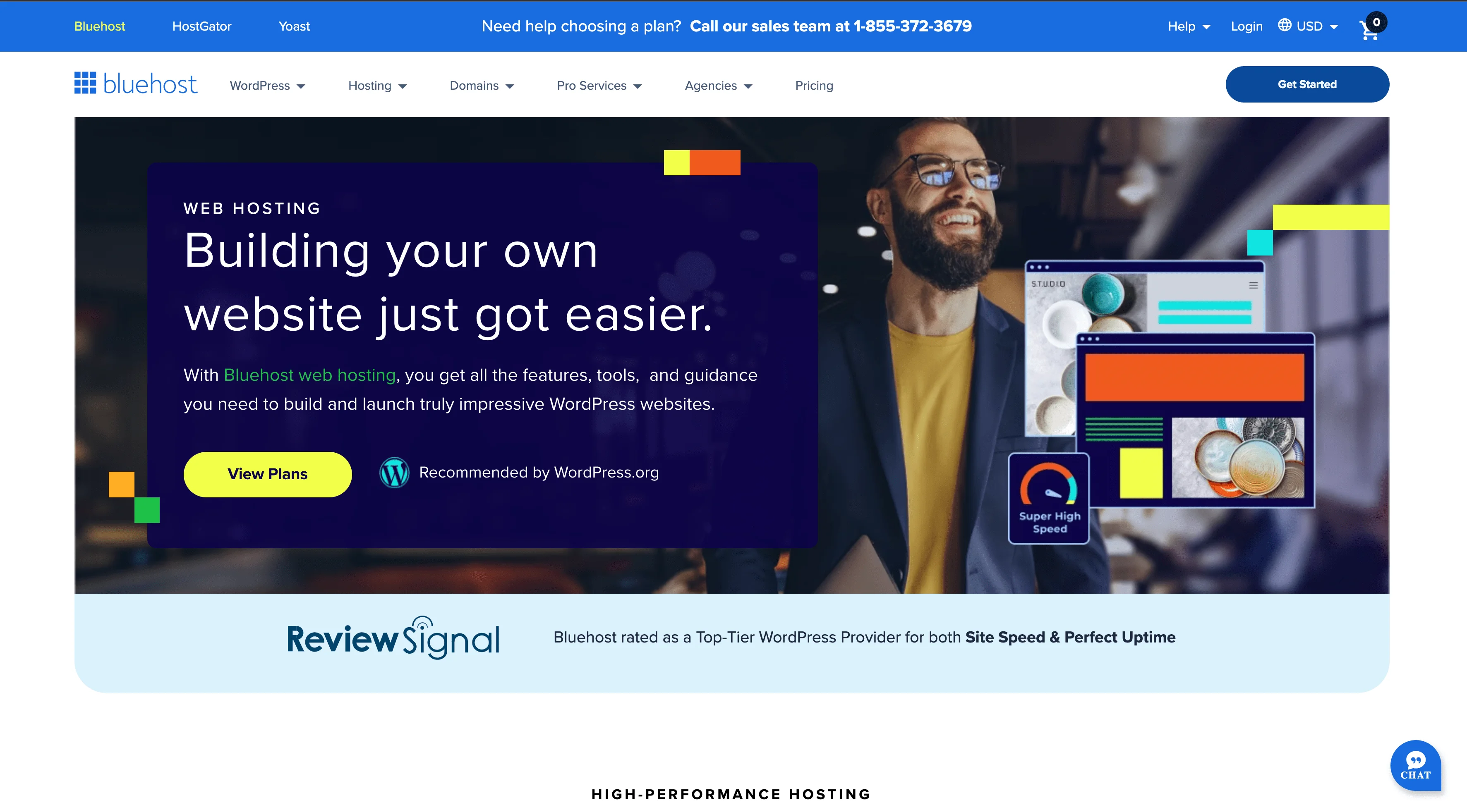 Bluehost hosting service landing page