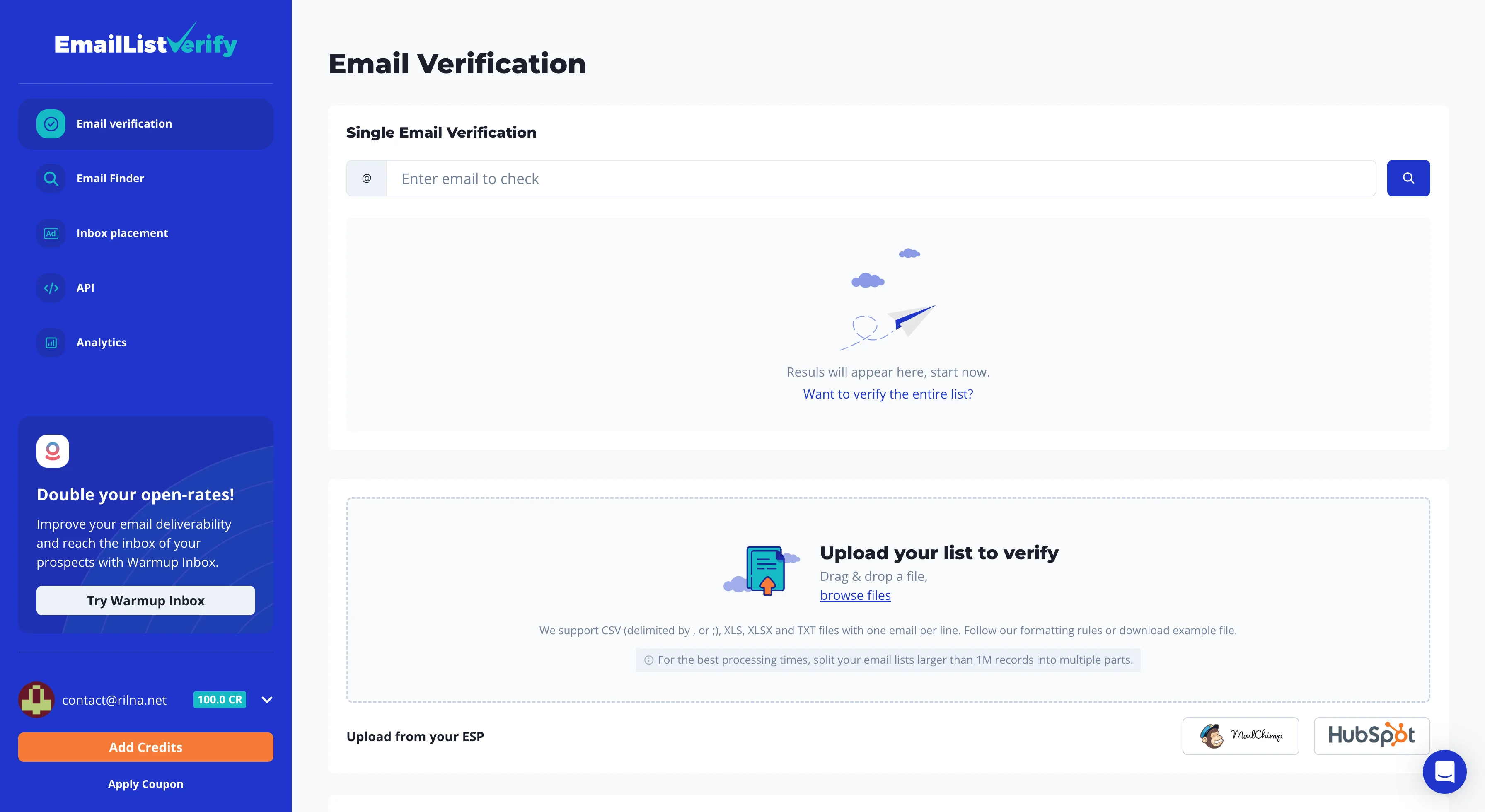 Email List verify dashboard blue sidebar and mail marketing feature