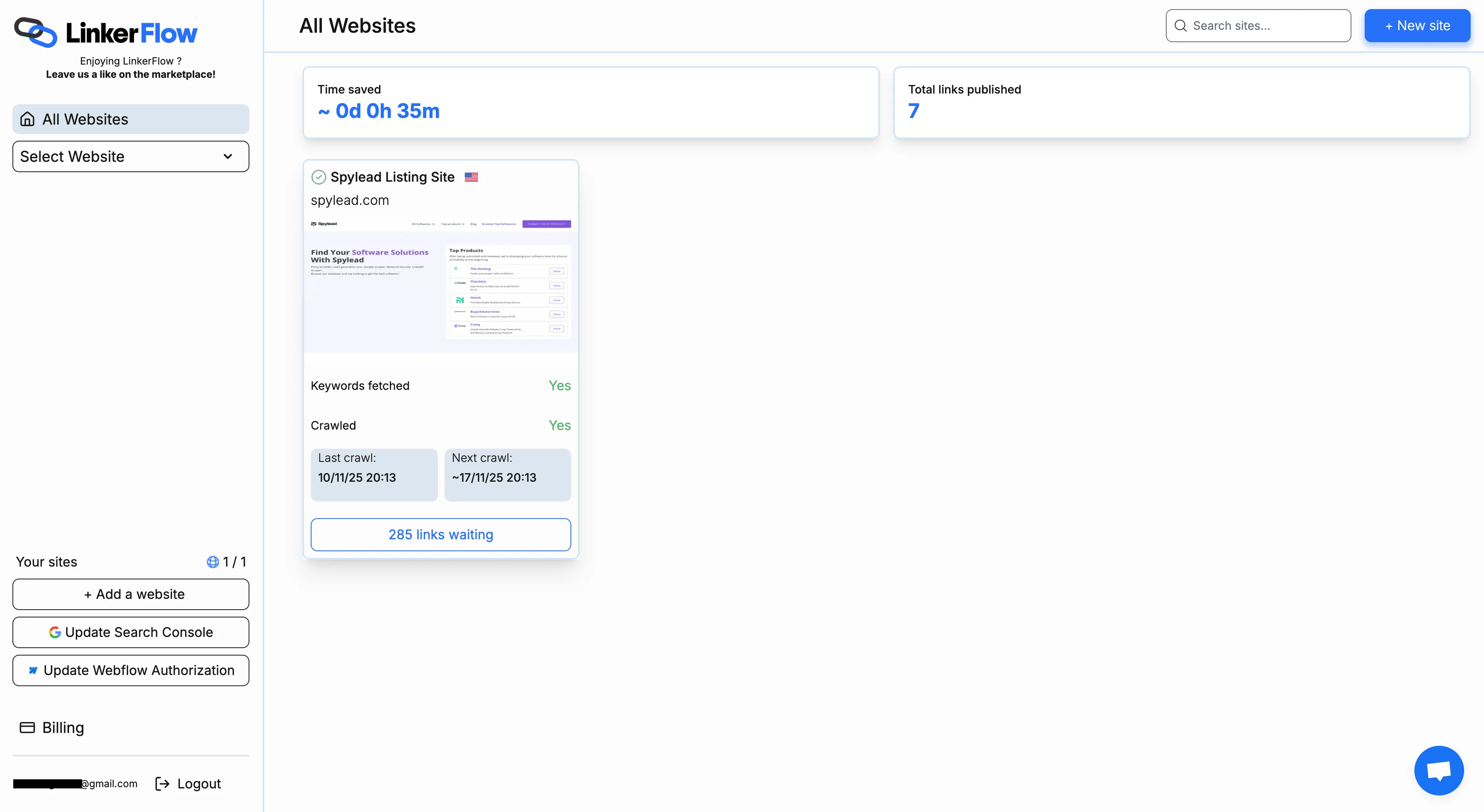 LinkerFlow's dashboard, with a websites with links waiting to be published and time earned noted with the amount of link published