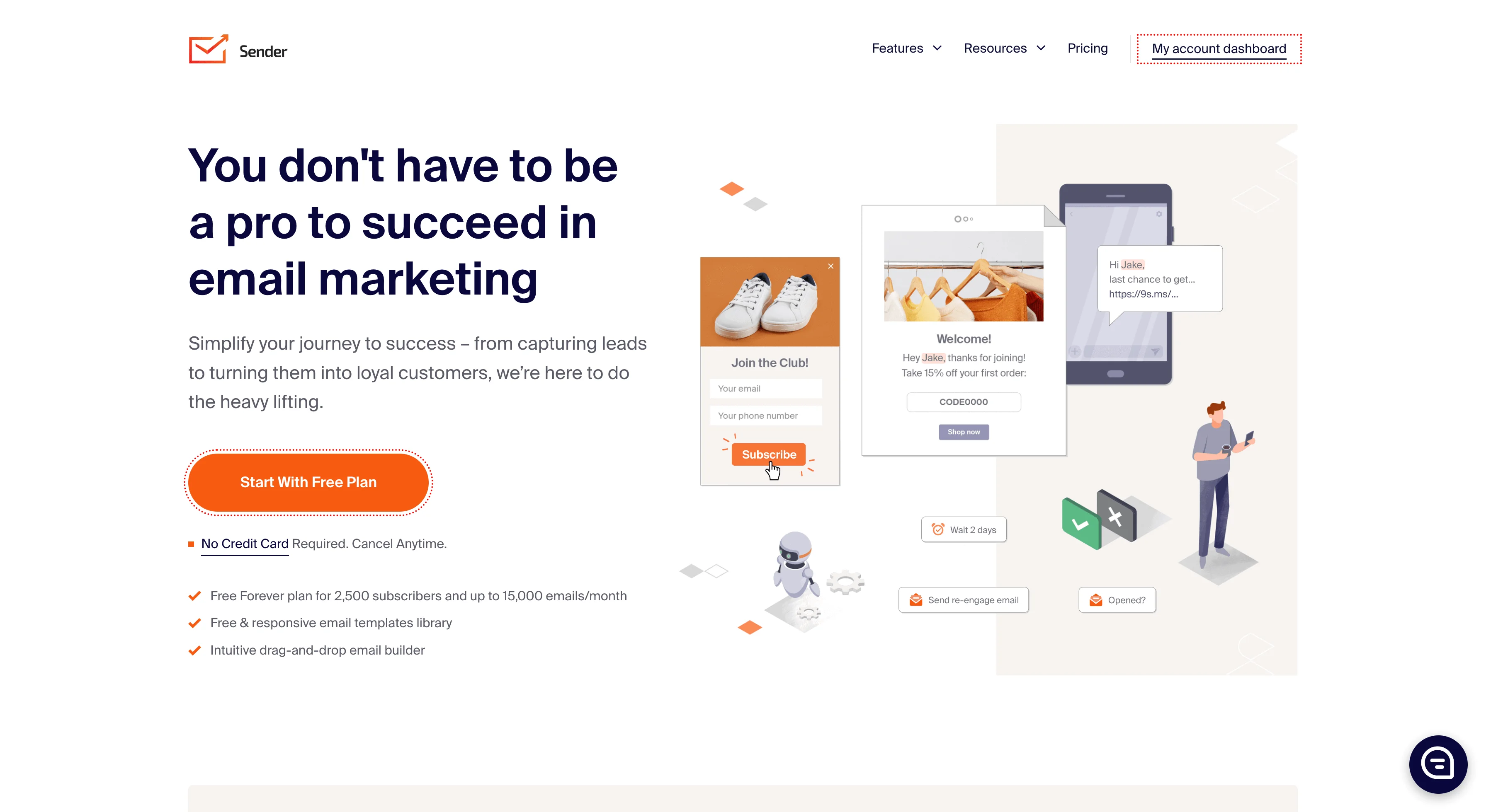 Sender Landing page screenshot