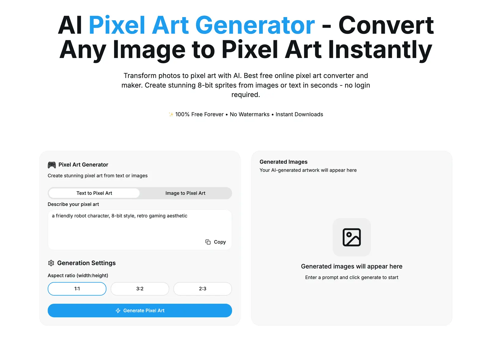 AI Pixel Art Generator - Free Pixel Art Converter dashboard or landing page image