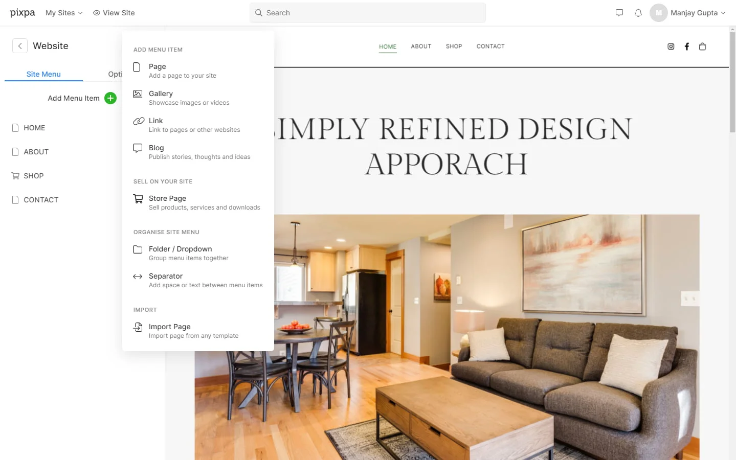 Pixpa dashboard or landing page image