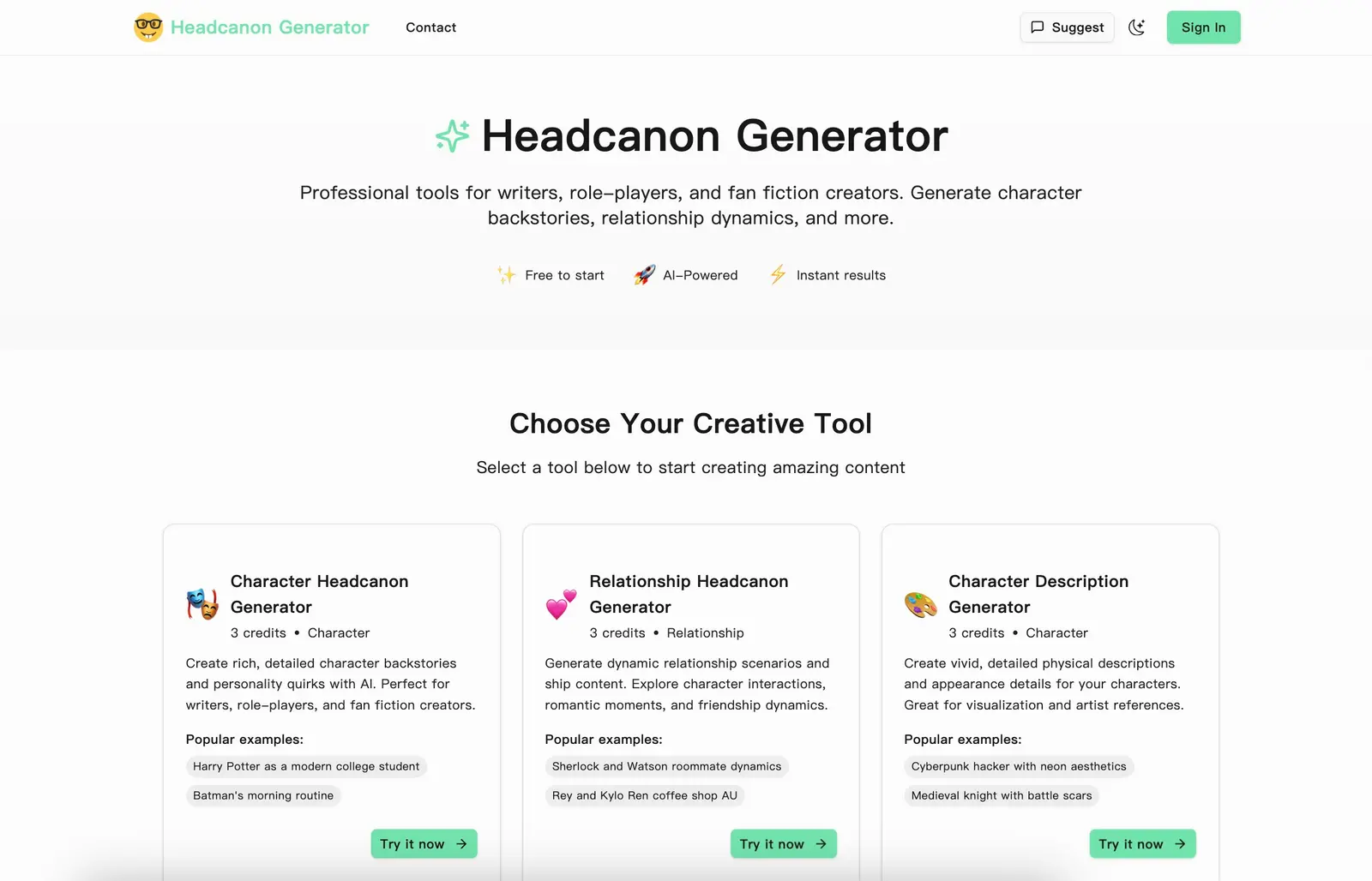 Headcanon Generator dashboard or landing page image