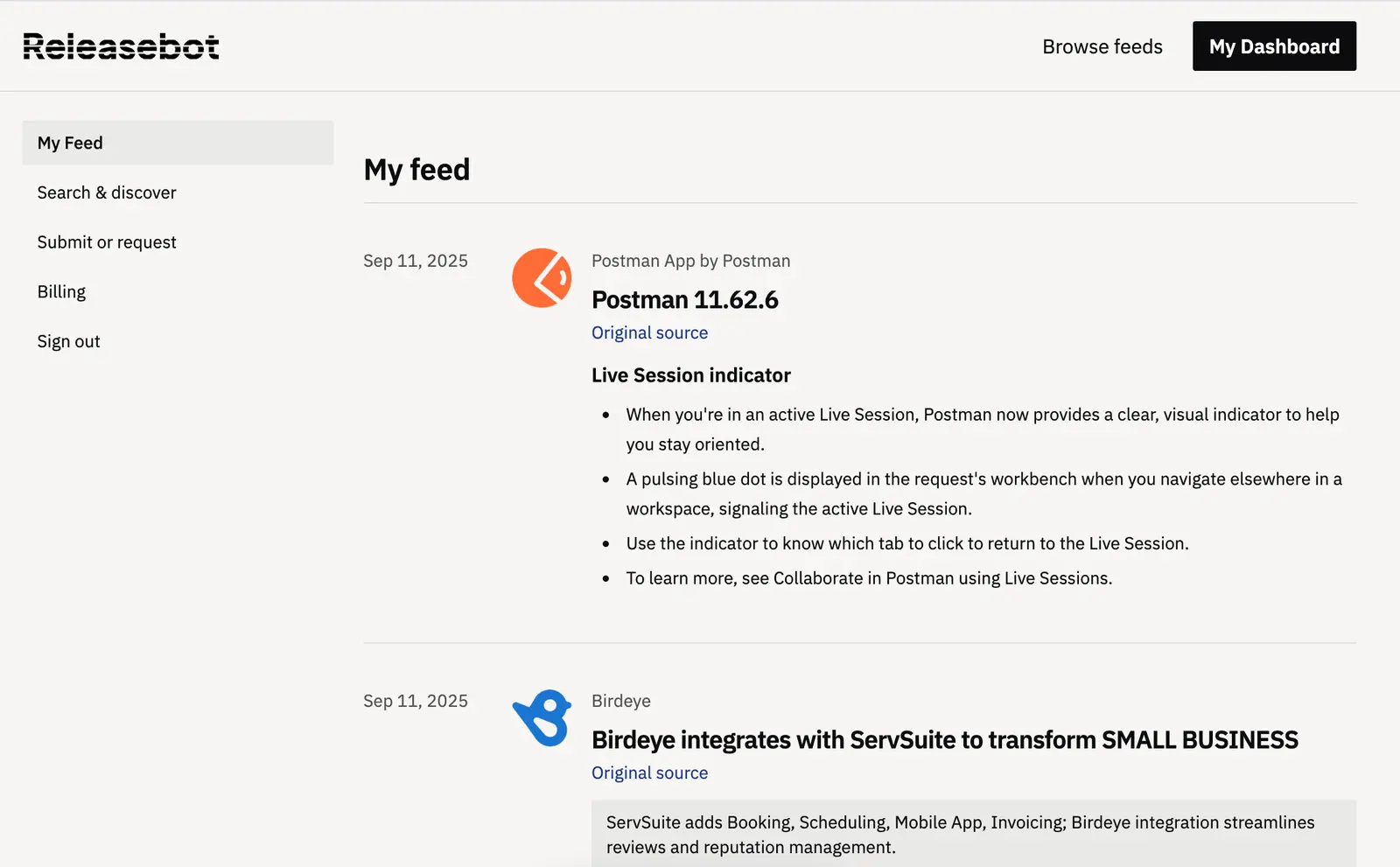 Releasebot dashboard or landing page image