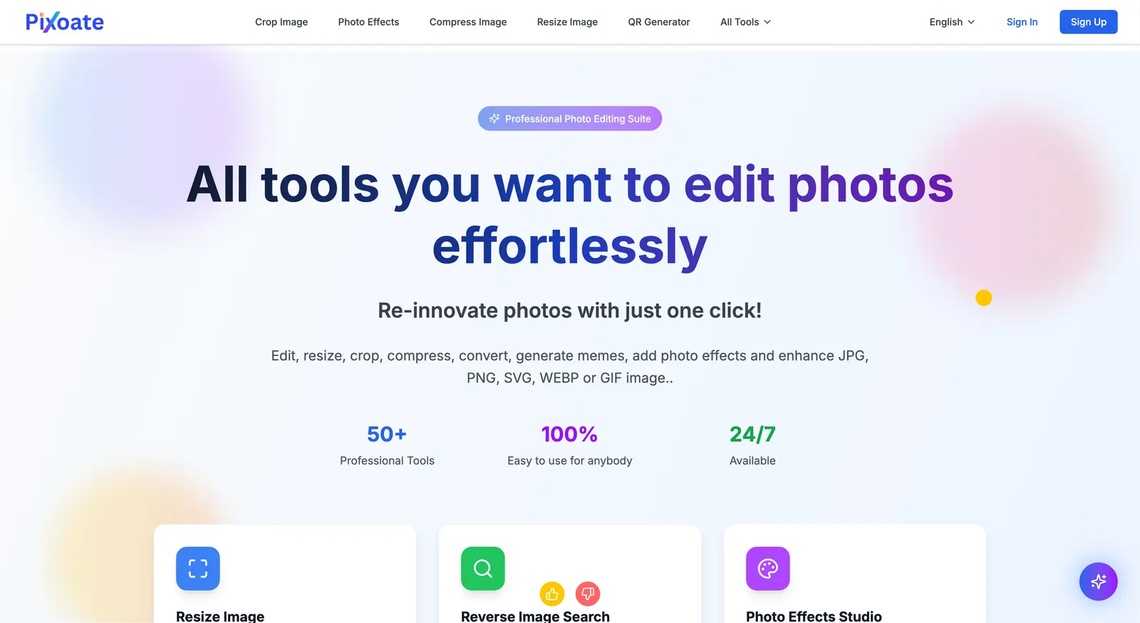 Pixoate - Online Photo Editor dashboard or landing page image