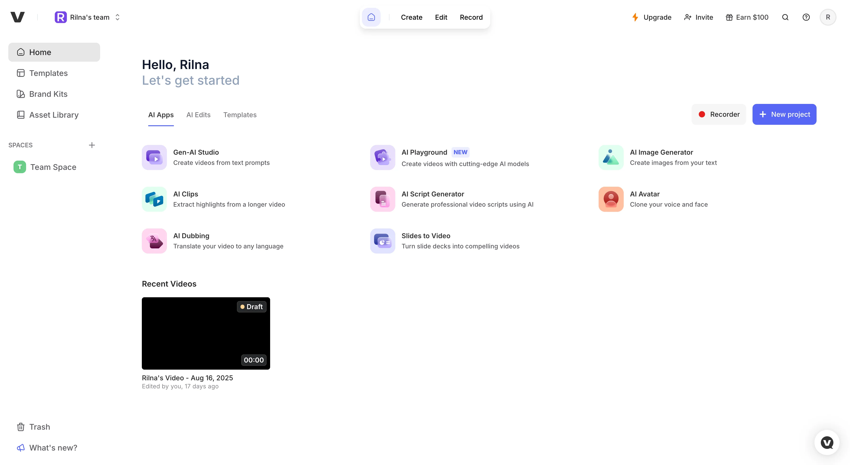 VEED AI Video dashboard or landing page image